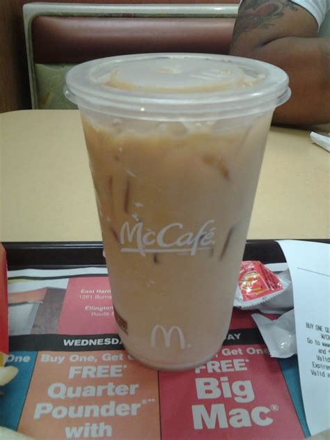 McDonalds Regular Iced Coffee Nutrition FactsStorage capacity21 fl oz Sugars30g Protein2g4Vitamin A6Vitamin C013 more rows A large can contain 260 calories, 81 calories from fat, nine grams of fat, six grams of saturated fat, 35 mg of cholesterol, 65 mg of sodium, 43 grams of carbohydrate, 42 grams of sugar, and two. . Calories in mcdonalds large iced coffee